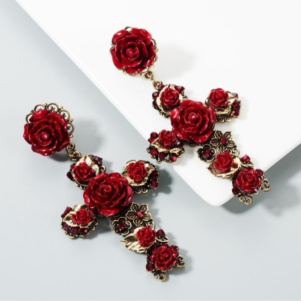 Dolce-Inspired Ornate Cross Earrings with Red Roses